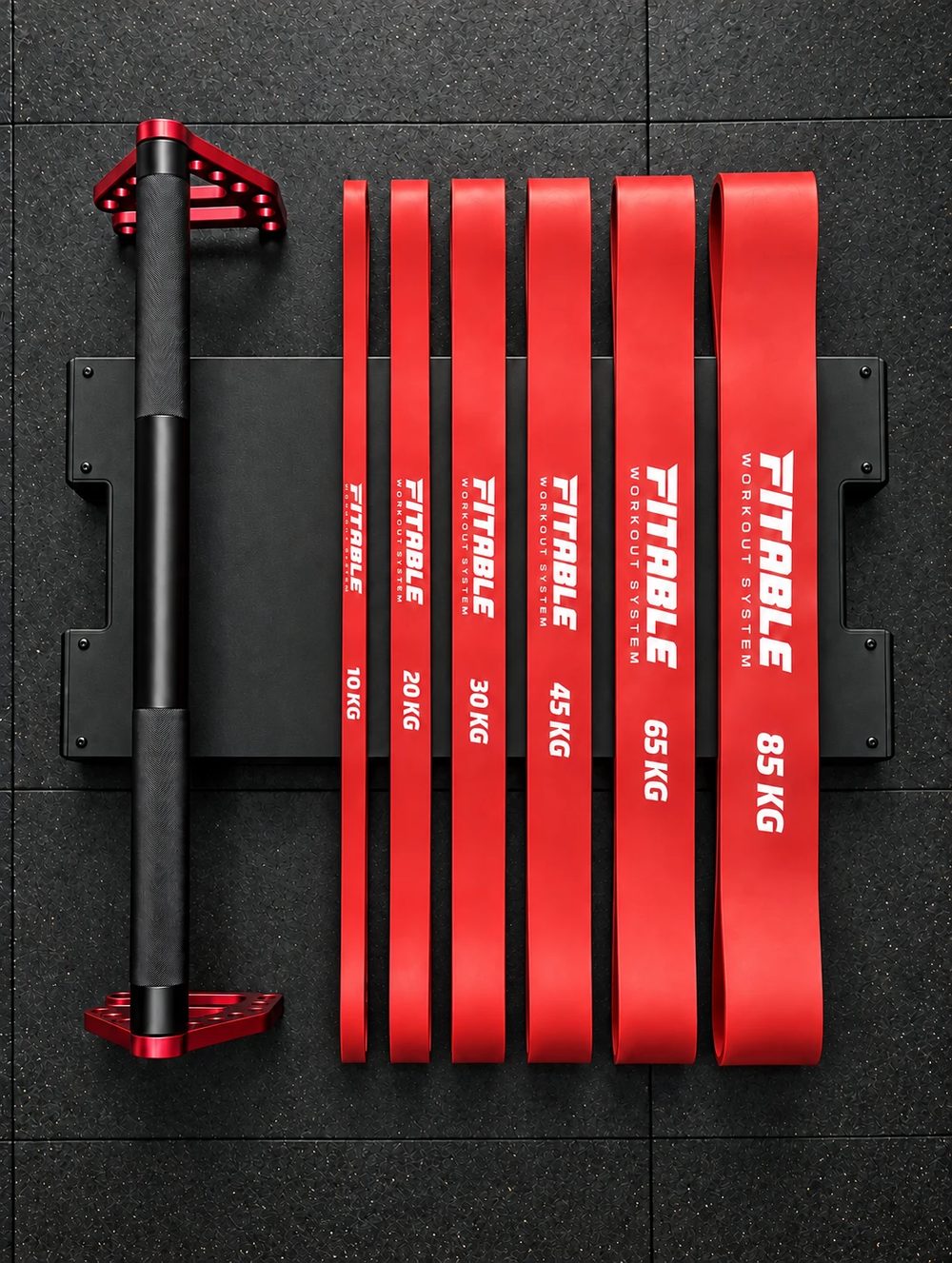 The Fitable kit — platform, bar, hooks and all 6 resistance bands from 10kg to 85kg